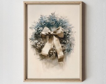 Christmas Wreath Wall Art, Vintage Holiday Decor, Bow Detail (Digital Download)