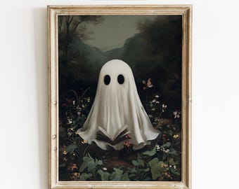 Ghost Reading Book Print, Moody Halloween Art, Dark Academia Decor (Digital Download)