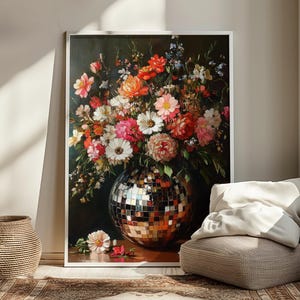 Malowanie Disco Ball, modny wydruk artystyczny, nadruk Disco Ball Flower, nadruk Dark Floral Print do wydrukowania na ścianie Digital Printabl Pobierz