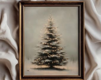 Neutral Christmas Tree Print, Vintage Winter Landscape, Cozy Holiday Decor (Digital Download)