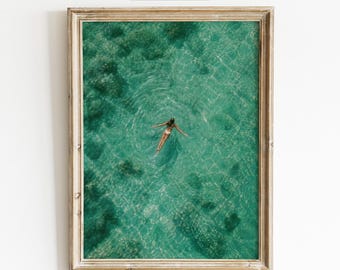 Aerial Swimmer Wall Art, Underwater Swimming Print, Green Water Ocean Art (Digital Download)