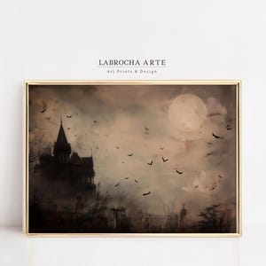 Impresión de la Mansión Embrujada: Arte de Luna Llena de Halloween Espeluznante (Descarga Digital)