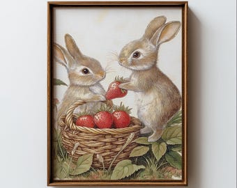 Pintura vintage de coelhinho da Páscoa, arte de parede para quarto de bebê com tema de primavera (download digital)
