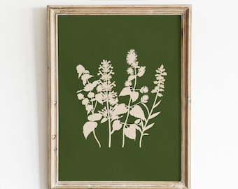 Dark Green Botanical Print, Vintage Herbarium Art, Dark Academia Decor (Digital Download)