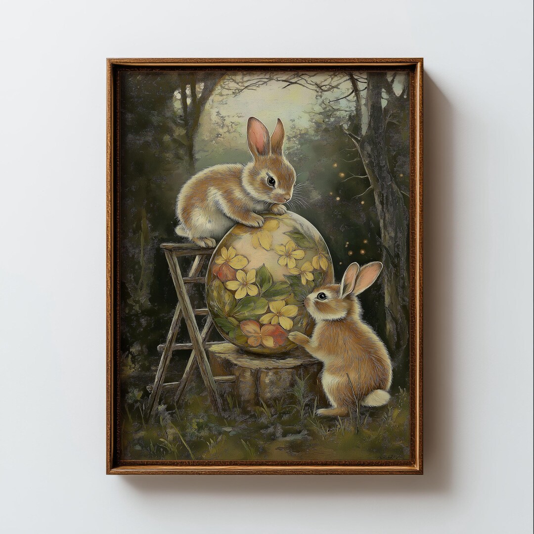 Vintage Bunny Wall Art Printable, Easter Rabbit Painting, Cottagecore ...