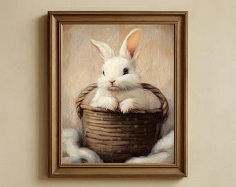 Pintura vintage de coelhinho da Páscoa, arte de parede para quarto de bebê com tema de primavera (download digital)