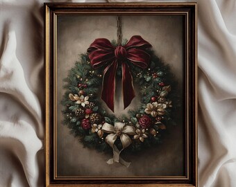 Vintage Christmas Wreath Wall Art, Festive Holiday Decor Print (Digital Download)