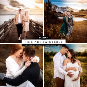May include: Four images showcasing a photo editing action and preset for a painterly effect. The first image shows a couple standing on a wooden dock. The second image shows a couple standing in a field. The third image shows a couple sitting on a grassy hill. The fourth image shows a couple standing in a field.