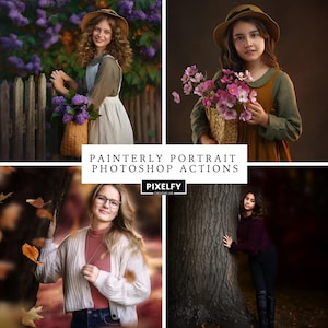 May include: A collage of four portraits. The top left shows a girl with a basket of purple flowers. The top right shows a girl holding a basket of pink flowers. The bottom left shows a girl with glasses. The bottom right shows a girl leaning against a tree. Text reads: PAINTERLY PORTRAIT PHOTOSHOP ACTIONS.