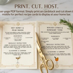 May include: Two cocktail recipe cards, featuring "Hot Honey & Pear Smash" and "Winter Citrus & Rosemary Tonic." Gold scissors rest on the cards. The text reads "Print. Cut. Host."