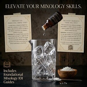 May include: A cut-glass mixing jug with ice cubes, with a bottle of saline solution pouring a drop into the jug. A small wooden bowl of salt and a spoon are next to the jug. The image includes text: "Elevate Your Mixology Skills."