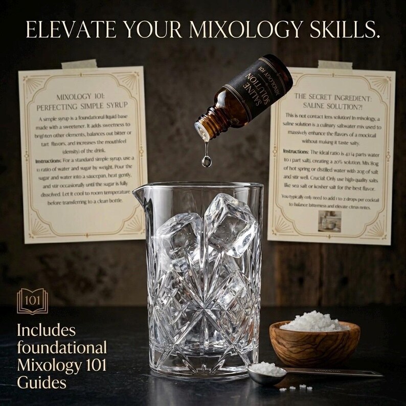 May include: A cut-glass mixing jug with ice cubes, with a bottle of saline solution pouring a drop into the jug. A small wooden bowl of salt and a spoon are next to the jug. The image includes text: "Elevate Your Mixology Skills."