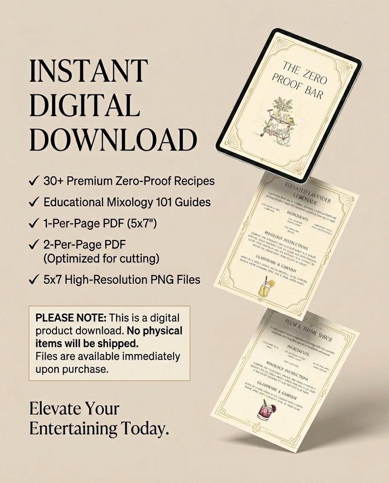 May include: Digital download with zero-proof recipes and mixology guides. Includes 12.7 x 17.8 cm PDF and PNG files. The image displays the text "INSTANT DIGITAL DOWNLOAD" and "THE ZERO PROOF BAR". This is a digital product, and no physical items will be shipped.