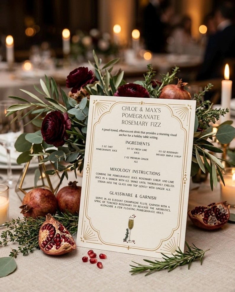 May include: A festive table setting with a cocktail recipe card for a Pomegranate Rosemary Fizz. The card is surrounded by pomegranates, burgundy flowers, and greenery. The recipe includes ingredients and instructions.