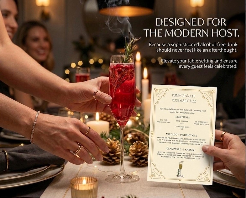 May include: A glass of red cocktail, garnished with rosemary, is held at a table setting. A recipe card for Pomegranate Rosemary Fizz is visible. The text reads "Designed for the Modern Host."