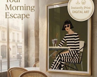Franse bistromode-illustratieprint, vrouw uit het midden van de eeuw, olijfkleurige muurkunst (digitale download)