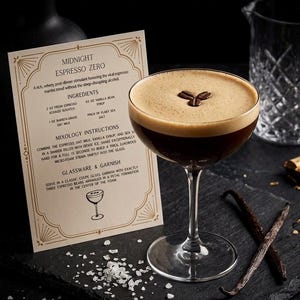 May include: A cocktail in a coupe glass with a foamy top, garnished with coffee beans. A recipe card for "Midnight Espresso Zero" is visible, along with vanilla beans and sea salt. The image is themed around dinner party elegance.