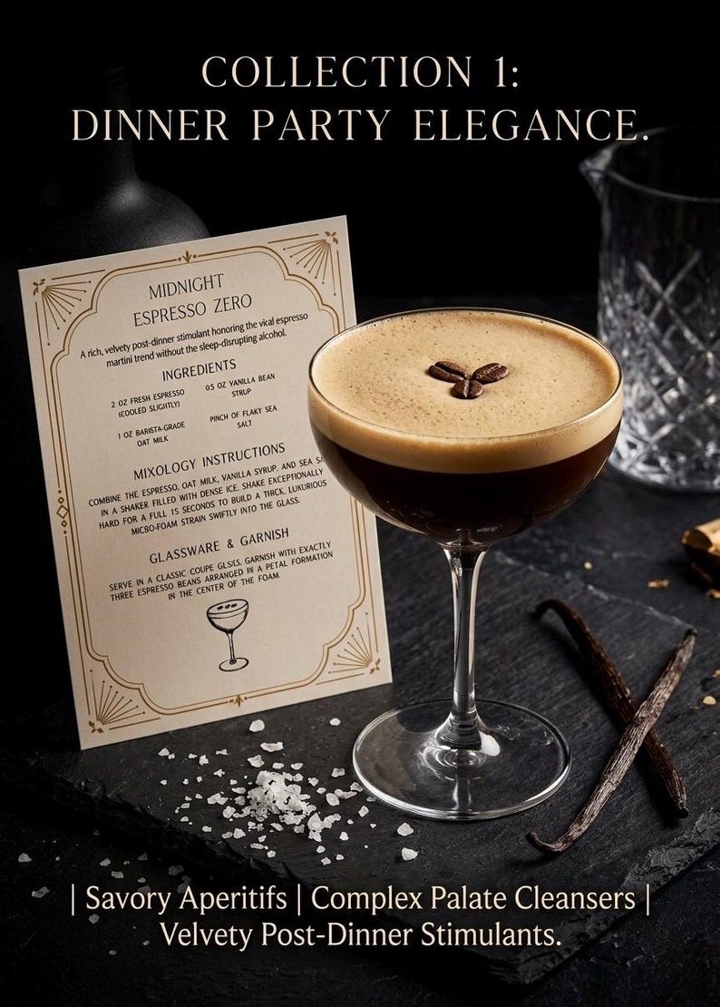 May include: A cocktail in a coupe glass with a foamy top, garnished with coffee beans. A recipe card for "Midnight Espresso Zero" is visible, along with vanilla beans and sea salt. The image is themed around dinner party elegance.