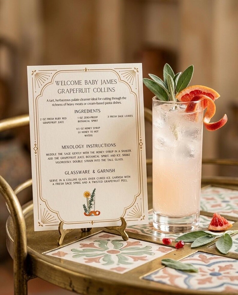 May include: A tall glass of Grapefruit Collins cocktail, garnished with sage and grapefruit peel. A recipe card titled "Welcome Baby James Grapefruit Collins" is displayed on a small gold stand. The card details ingredients and instructions for the cocktail.