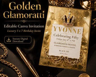 Glamoratti gouden verjaardagsuitnodiging sjabloon, bewerkbaar canvas, gouden luxe mijlpaalfeest, blanco png-pdf inbegrepen