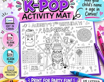 KPop Demon Hunters Birthday Activity Mat, Personalized Huntrix Coloring Placemat, Editable Canva Party Game Printable