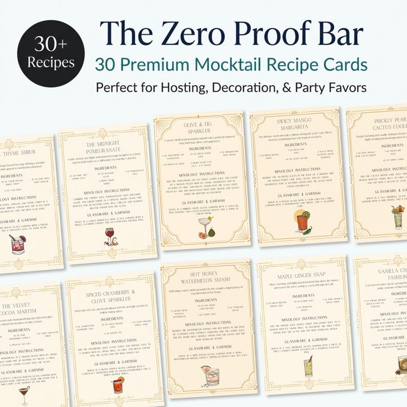 Sober Curious Mocktail Recipe Cards, Zero Proof Dinner Party Drink Menu Printable, Alcohol Free Hostess Gift & Bar Cart Decor, Edit in Canva image 1