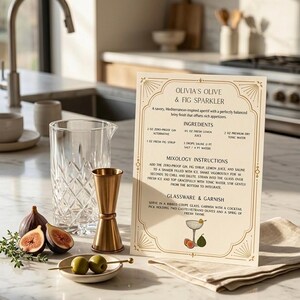 May include: A cocktail recipe card for "Olivia's Olive & Fig Sparkler" is displayed on a marble surface, alongside cocktail equipment, figs, and olives. The card provides drink ingredients and instructions.