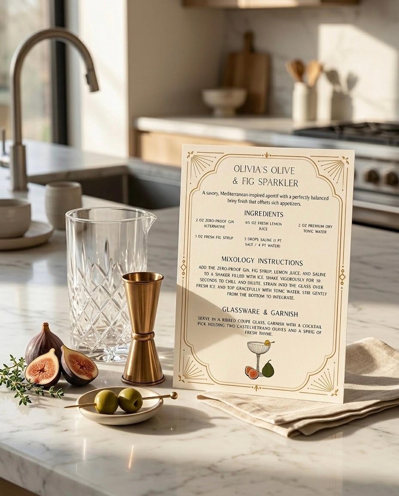 May include: A cocktail recipe card for "Olivia's Olive & Fig Sparkler" is displayed on a marble surface, alongside cocktail equipment, figs, and olives. The card provides drink ingredients and instructions.