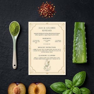 May include: An image featuring ingredients for an Aloe & Cucumber Refresher. It includes a spoon of green powder, a recipe card, aloe vera, cucumber, plums, basil, and red pepper flakes. The text reads "Crafted with Premium Botanicals."