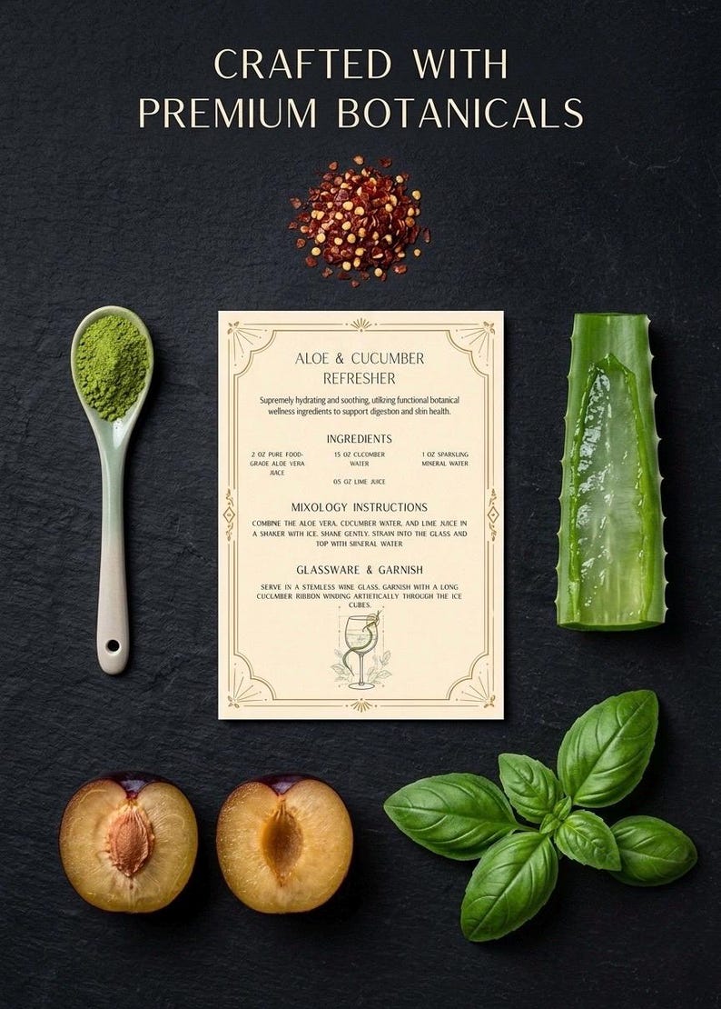 May include: An image featuring ingredients for an Aloe & Cucumber Refresher. It includes a spoon of green powder, a recipe card, aloe vera, cucumber, plums, basil, and red pepper flakes. The text reads "Crafted with Premium Botanicals."
