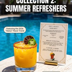 May include: A summery cocktail in a rocks glass with a chili-salt rim, garnished with a lime wheel and jalape&ntilde;o slice. The drink is part of the "Summer Refreshers" collection, featuring the "Swicy" flavour trend. A recipe card details the ingredients and mixology instructions.