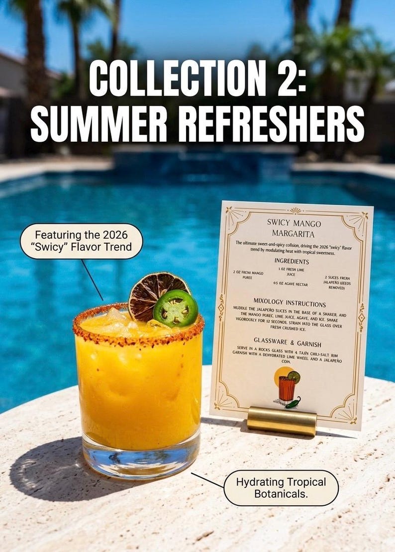 May include: A summery cocktail in a rocks glass with a chili-salt rim, garnished with a lime wheel and jalape&ntilde;o slice. The drink is part of the "Summer Refreshers" collection, featuring the "Swicy" flavour trend. A recipe card details the ingredients and mixology instructions.