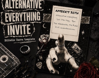Dark Academia verjaardagsuitnodiging canvas sjabloon, Alt Girl jaren 90 grunge feestuitnodiging, gotische vintage digitale download