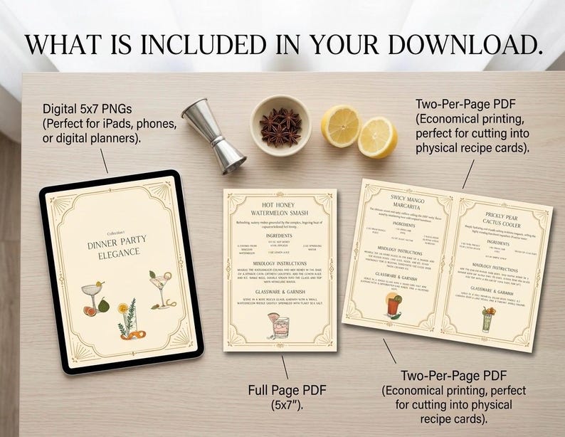 May include: Image of digital recipe downloads, including a tablet with "Dinner Party Elegance", two recipe cards, and a jigger. The text reads "What is included in your download."