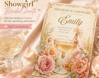 Bewerkbare showgirl vrijgezellenfeest uitnodiging, showgirl bruids douche canvas sjabloon, champagne blush gouden bruid uitnodiging