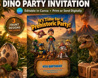 Paw-ty Patrol Dino Invitation Canva Template, Editable Dinosaur Birthday Invite, Puppy Rescue Party Digital Download