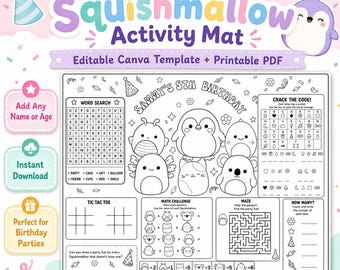 Squishmallow-activiteitenmat, gepersonaliseerde squish verjaardagsplacemat, bewerkbaar Canva kinderfeestspel afdrukbaar, kleurplaat pdf