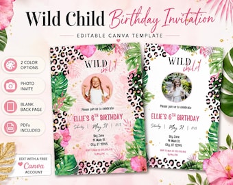Sjabloon wilde kind verjaardagsuitnodiging, roze groene jungle Safari Canva uitnodigen, bewerkbare foto Girl Party digitale download