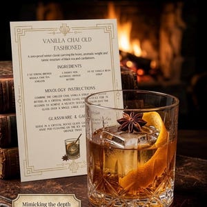 May include: A crystal rocks glass with a cocktail, orange peel, and star anise. The recipe card details a "Vanilla Chai Old Fashioned". The image is themed around "Cozy Winter Warmers" with a focus on winter spices and tonics.