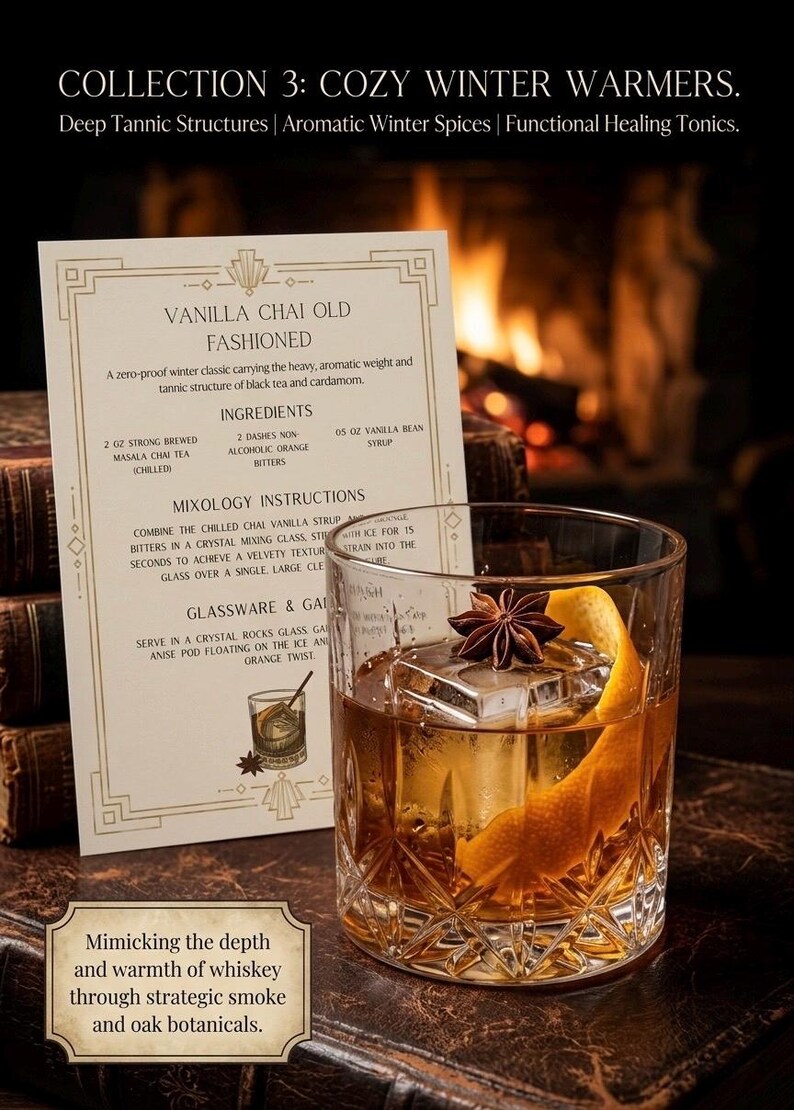 May include: A crystal rocks glass with a cocktail, orange peel, and star anise. The recipe card details a "Vanilla Chai Old Fashioned". The image is themed around "Cozy Winter Warmers" with a focus on winter spices and tonics.