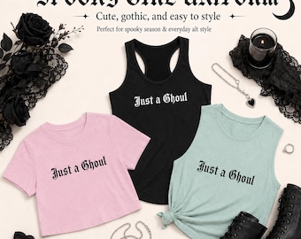 Just a Ghoul Tank Top, Halloween Tee, Spooky Girl Crop Tank, Gothic Racerback Shirt, 90s Inspired Alt Top