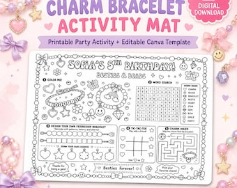 Bedelarmband activiteitenmat, bewerkbare verjaardagsfeestje kleuren placemat, kralenarmband partyspel, afdrukbare kinderfeestmat