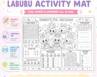 Labubu-activiteitenmat, gepersonaliseerde placemat voor verjaardagskleuren, bewerkbare canvas kinderfeestspellen, afdrukbare pdf met aangepaste naam