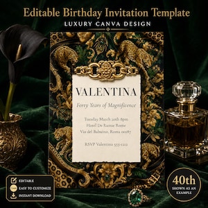 May include: An editable birthday invitation template featuring a dark green background with gold leopard and ornate patterns. The center white card displays the text VALENTINA, Forty Years of Magnificence, Tuesday March 20th 8pm, Hotel De Russie Rome, Via del Babuino, Roma 00187, and RSVP Valentina 555-1212.