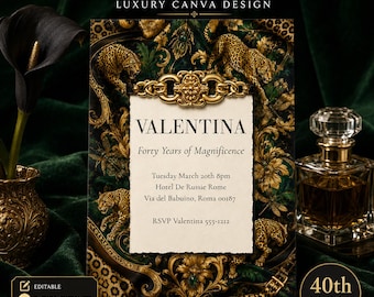 Gouden jungle-uitnodigingssjabloon, bewerkbare canva glamourverjaardagsuitnodiging, luxe jaren 80 luxe glamouratti-feestje met luipaardprint
