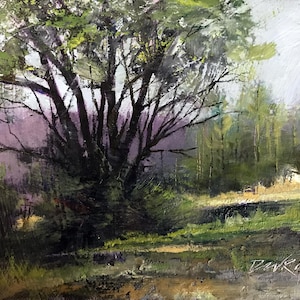 May include: An oil painting depicts a landscape with a large tree in the foreground. The tree's dark branches contrast with the green foliage and the soft, purple and green background. The artwork is signed in the lower right corner.
