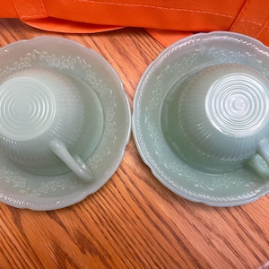 2 Fire King Jadeite Alice Vintage Cup and Saucer Set - 1940's