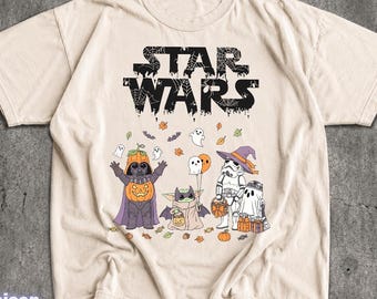 Maglietta di Halloween di Star Wars, maglietta con personaggi spettrali della galassia, maglietta divertente di Halloween con i Jedi, maglietta retrò di fantascienza con zucche, regalo di Halloween per gli appassionati di film.