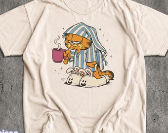 Cartoon Garfield Inspired Sleepy Pajamas T-Shirt, Funny Garfield Cat Face Tee, Vintage Cat Slippers Coffee Shirt, Gift for Cat Lovers