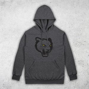 May include: A dark gray hoodie with a black panther head graphic. The panther's eyes are yellow. The hoodie has a hood, a front pocket, and drawstrings. The sweatshirt is made of a soft material.